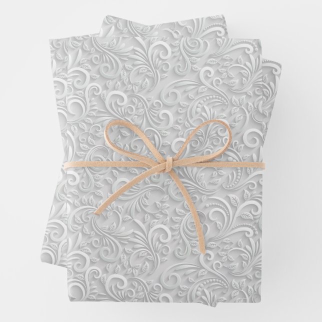 White Filigree Swirls Wrapping Paper Sheets (In situ)