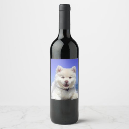 White Finnish Lapphund Puppy Cute Wine Label