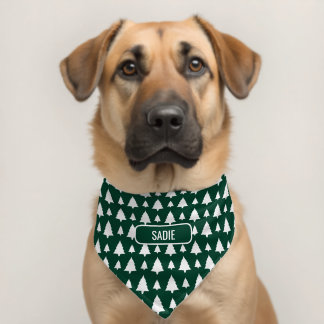 White Fir Tree Pattern Green Christmas Custom Name Pet Bandana Collar
