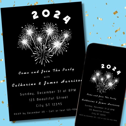 White Fireworks on Black New Year Party Invitation