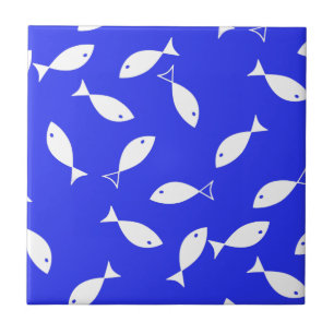 White Fish Blue Background Captain Sea Theme Ceramic Tile