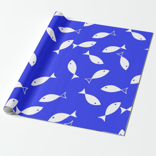 White Fish Blue Background Captain Sea Theme Wrapping Paper (Unrolled)