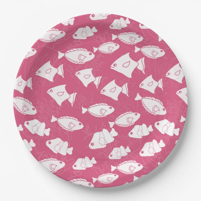 White Fish Swimming on Pink Sea  Paper Plates (Front)