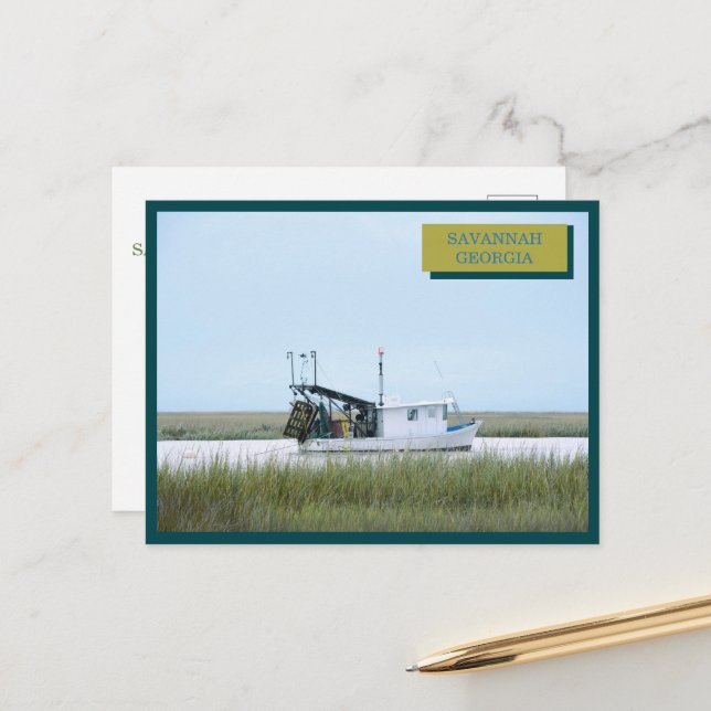  White Fishing Boat  Ocean Savannah Georgia Postcard (Front/Back In Situ)