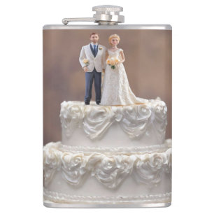White Five Tier Wedding Cake With Bridal Couple, Flask