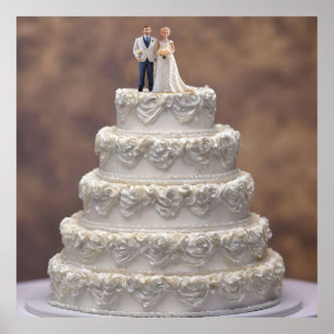White Five Tier Wedding Cake With Bridal Couple, Poster
