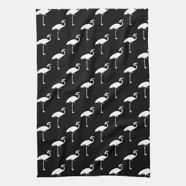 White Flamingo Tropical Flamingos Black Background Towel (Vertical)
