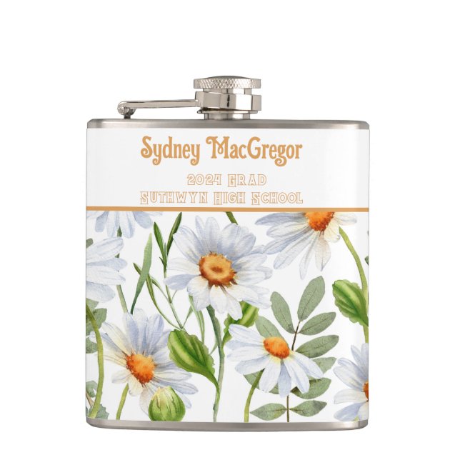 White Flask with Wrap Around Daisy Border (Front)