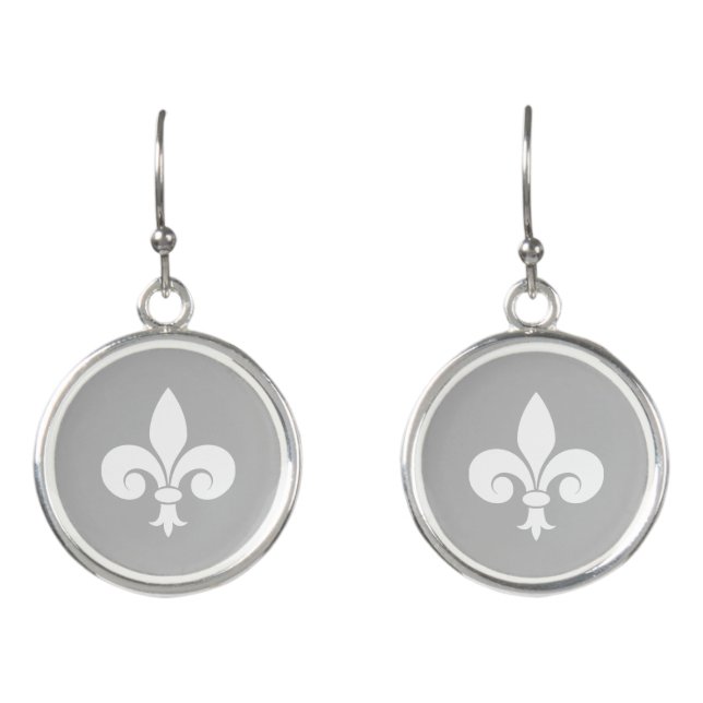 White Fleur-de-Lis or Lily Flower on Gray Earrings (Front)