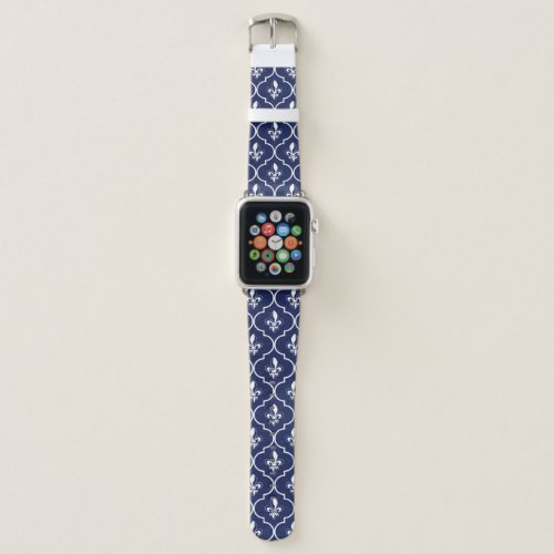 White Fleur_de_Lis Quatrefoil Pattern on Dark Blue Apple Watch Band