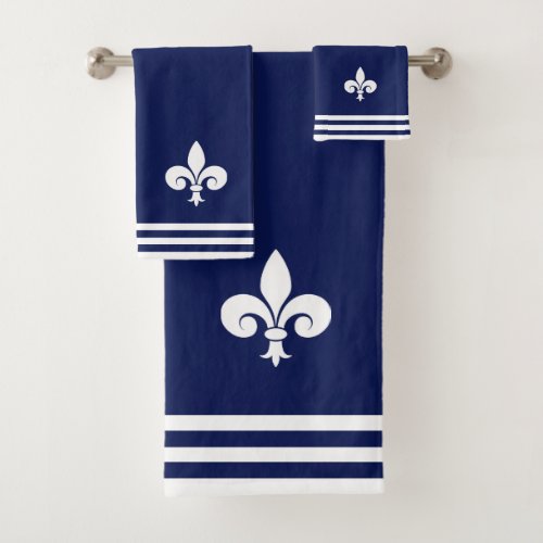 White Fleur_de_Lis  Stripes on Navy Blue Bath Towel Set