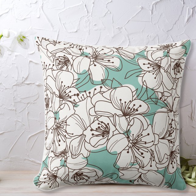 White Flora Bunch Aqua Teal Brown Throw Pillow (Creator Uploaded)