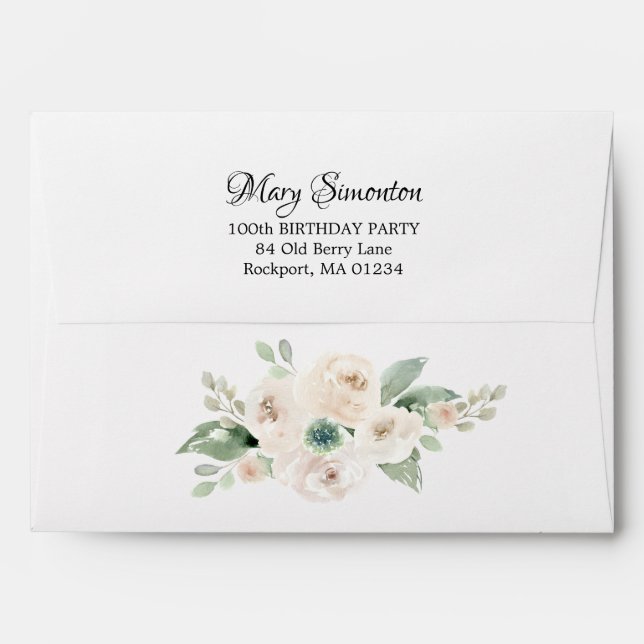 White Floral 100th Birthday Party Invitation Envelope (Back (Top Flap))