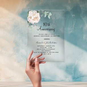 White floral 10th wedding anniversary frosted acrylic invitations