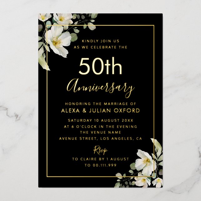 white floral 50th anniversary gold foil invitation (Front)