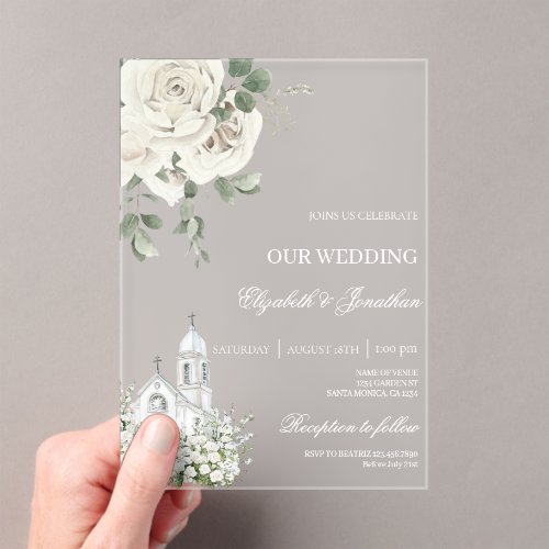 White floral acrylic wedding with church  invitations