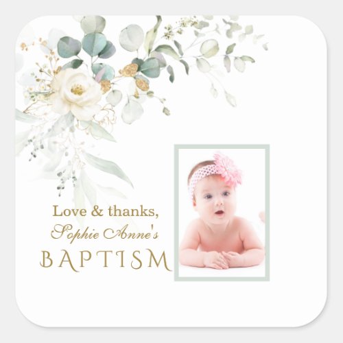  White Floral Airy Greenery Girl Photo Baptism Fav Square Sticker