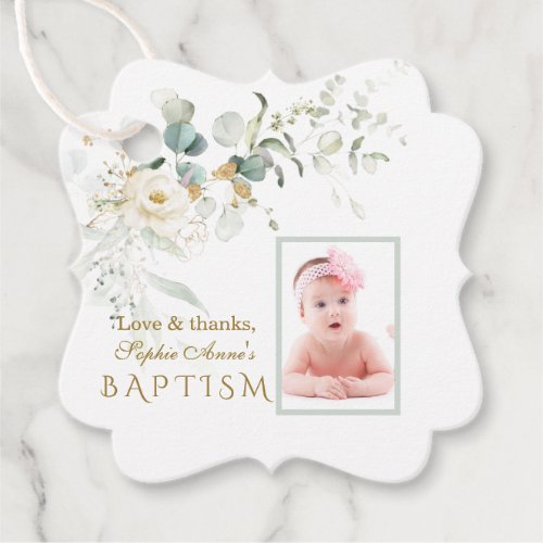  White Floral Airy Greenery Girl Photo Baptism Favor Tags