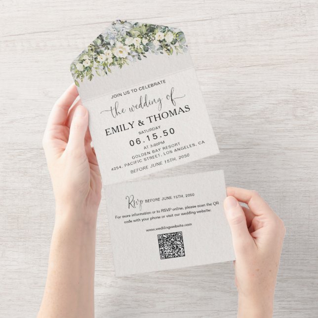 White Floral All in One Wedding Invite (Tearaway)