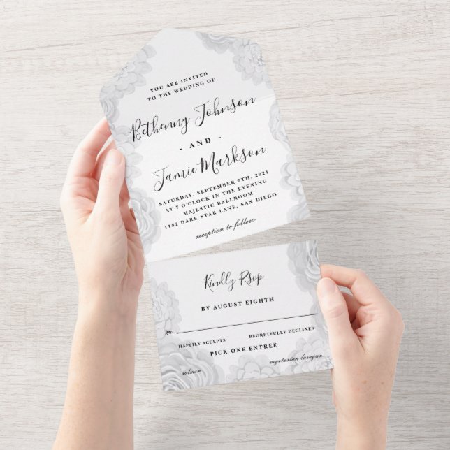 White Floral All in One Wedding Invite (Tearaway)