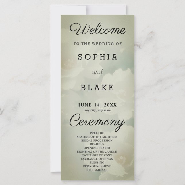 White Floral and Army Green Wedding Program (Front)