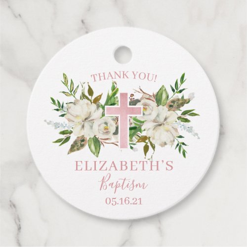 White Floral and Blush Foil Thank You Baptism  Favor Tags