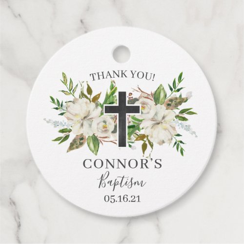White Floral and Chalkboard Thank You Baptism Favor Tags