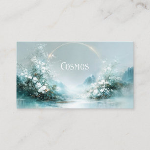 White Floral and Glowing Celestial Mountain Lake Business Card