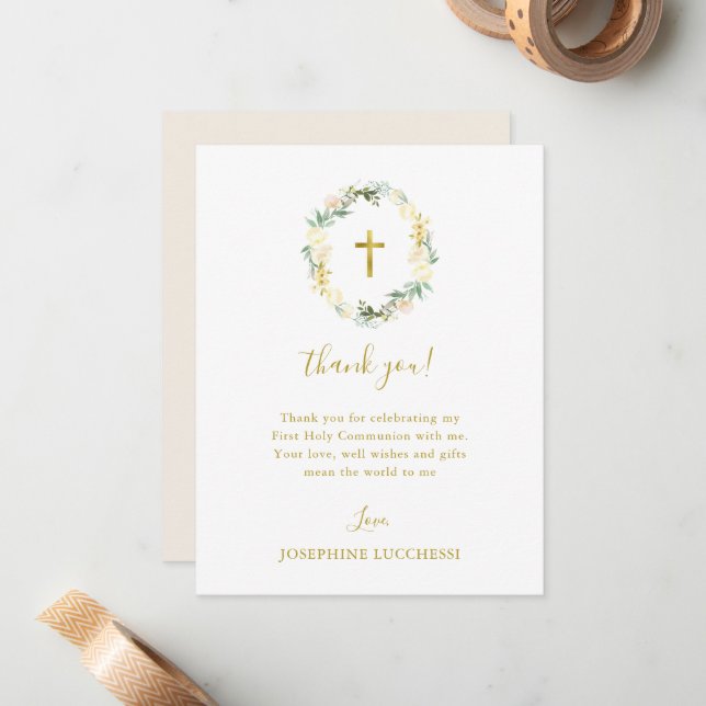 White Floral and Gold First Holy Communion Custom Note Card (Front/Back In Situ)