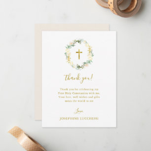 White Floral and Gold First Holy Communion Custom Note Card