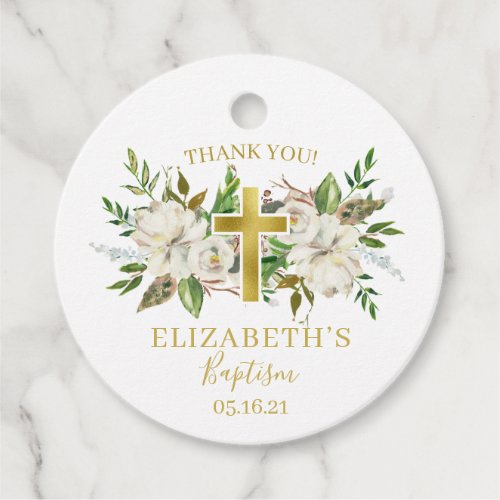 White Floral and Gold Foil Thank You Baptism Favor Tags