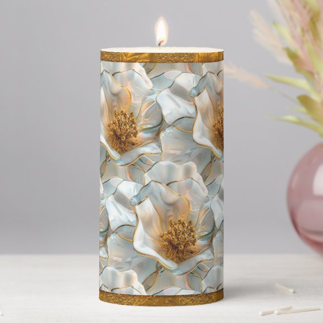White Floral and Gold Pillar Candle (In Situ)