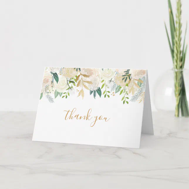 White floral and Gold wedding thank you note cards | Zazzle