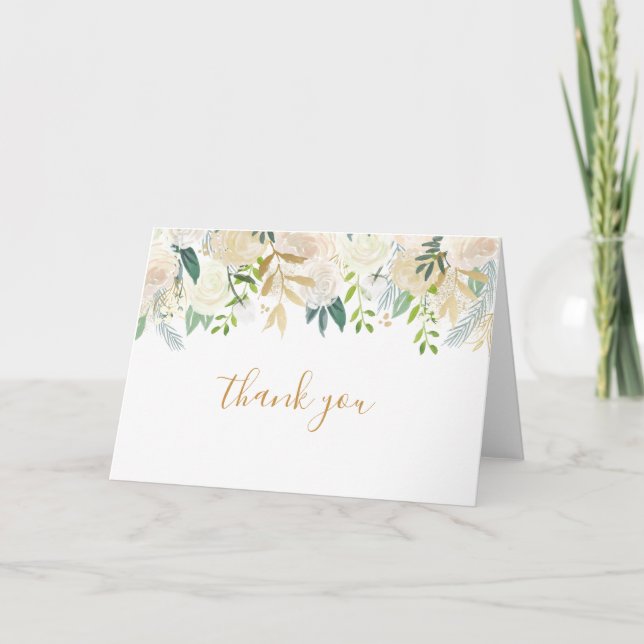 White floral and Gold wedding thank you note cards (Front)