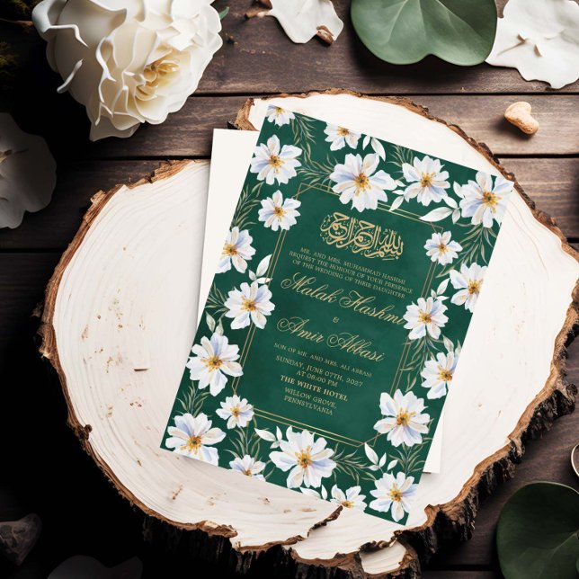 White floral and Green Islamic Muslim Wedding Invitation (Creator Uploaded)