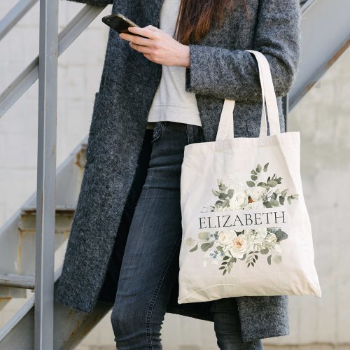 White Floral and Greenery Bridesmaid Monogram Name Tote Bag