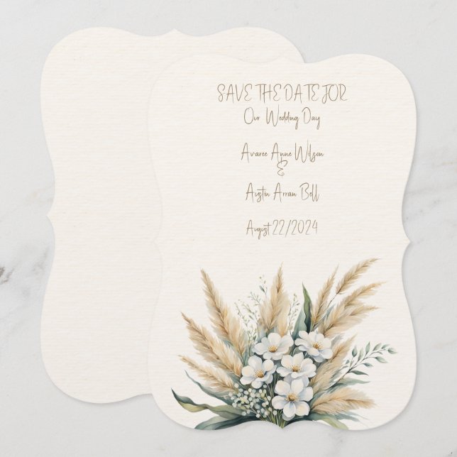 White Floral and Pampas Grass Wedding Bouquet  Save The Date (Front/Back)