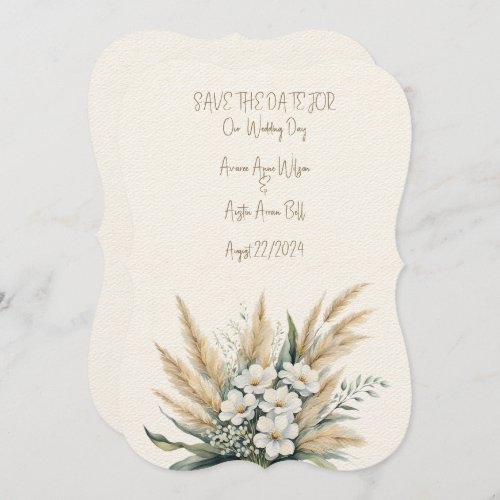 White Floral and Pampas Grass Wedding Bouquet  Save The Date