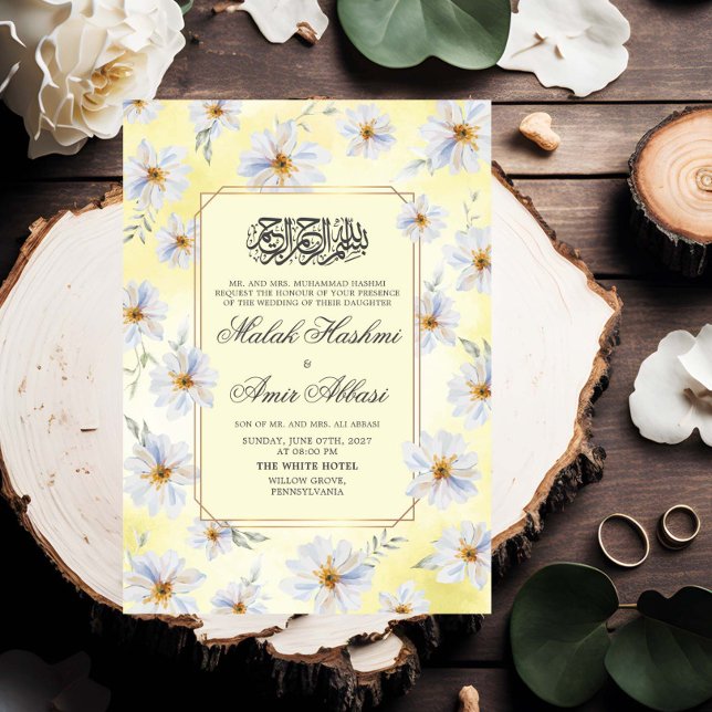 White floral and Yellow Islamic Muslim Wedding Invitation (Creator Uploaded)