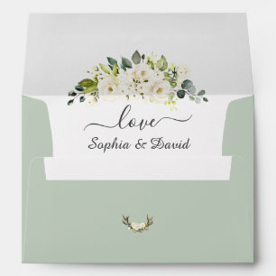 White Floral Antlers Wedding Return Address Envelope