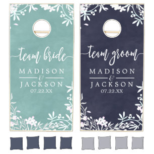 White Floral Any Color Watercolor Wedding Monogram Cornhole Set
