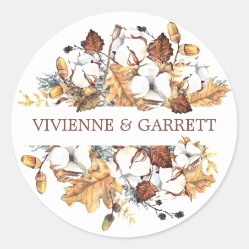 White Floral Autumn Fall Leaves Wedding Classic Round Sticker