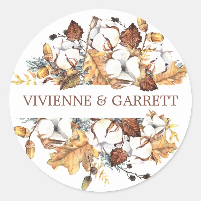 White Floral Autumn Fall Leaves Wedding Classic Round Sticker (Front)