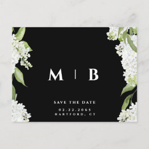 White Floral B/W Monogram Wedding Save the Date  Postcard