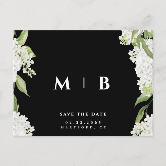 White Floral B/W Monogram Wedding Save the Date  Postcard (Front)