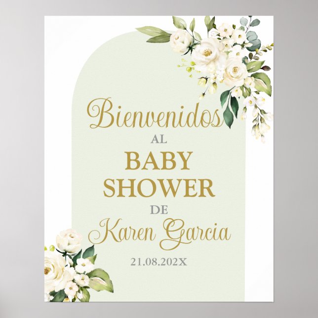 White Floral Baby Shower Boy Spanish Welcome Sign (Front)