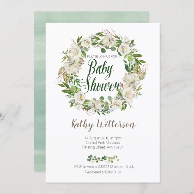 White Floral baby shower invitation card (Front/Back)