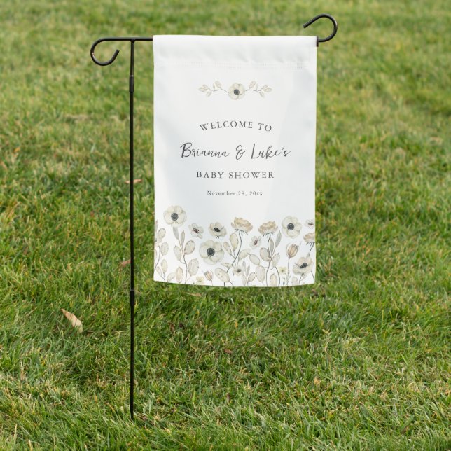 White Floral Baby Shower Welcome Garden Flag (In SItu)