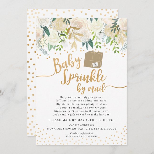 White Floral Baby Sprinkle by mail baby shower Invitation (Front/Back)