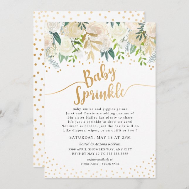 White Floral Baby Sprinkle Invitation (Front/Back)